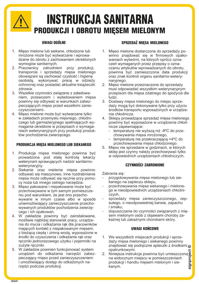 IAG41 INSTRUKCJA SANITARNA PRODUKCJI I OBROTU MIĘSEM MIELONYM, FN - FOLIA SAMOPRZYLEPNA; (245X350MM)