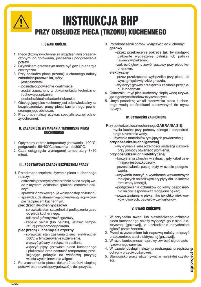 IAG14 INSTRUKCJA BHP PRZY OBSŁUDZE PIECA (TRZONU) KUCHENNEGO, PN - PŁYTA PCV 1MM; (245X350MM)