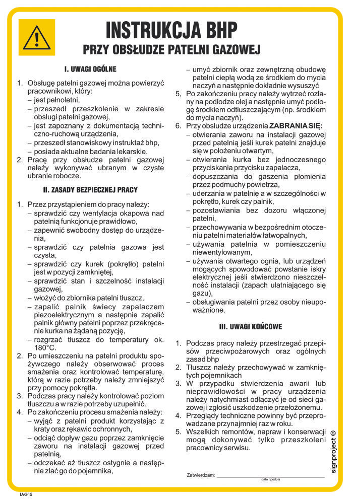 IAG15 LNSTRUKCJA BHP PRZY OBSŁUDZE PATELNI GAZOWEJ, HN - PŁYTA ELASTYCZNA 0,4MM; (245X350MM)