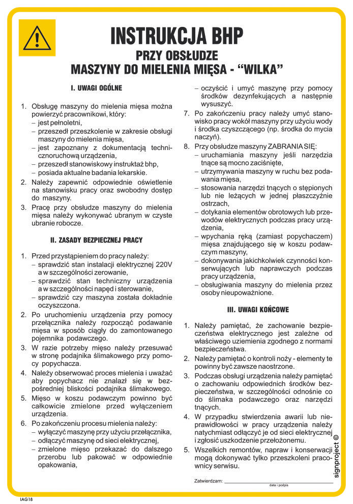 IAG18 LNSTRUKCJA BHP PRZY OBSŁUDZE MASZYNY DO MIELENIA MIĘSA - WILK, PN - PŁYTA PCV 1MM; (245X350MM)