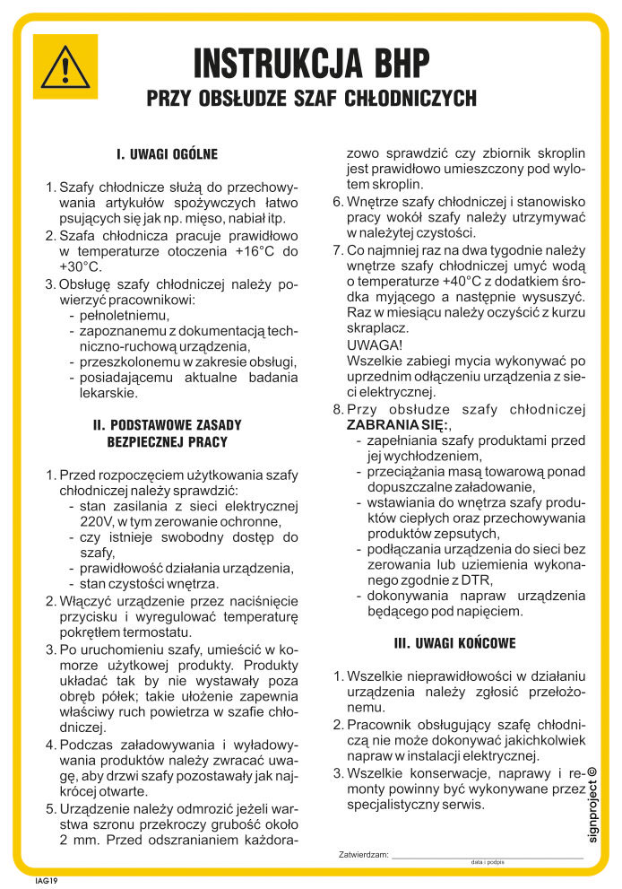 IAG19 LNSTRUKCJA BHP PRZY OBSŁUDZE SZAF CHŁODNICZYCH, PN - PŁYTA PCV 1MM; (245X350MM)
