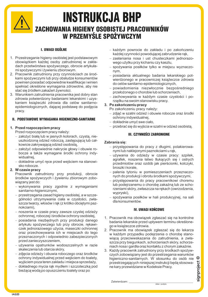 IAG20 INSTRUKCJA BHP ZACHOWANIA HIGIENY OSOBISTEJ PRACOWNIKÓW W PRZEMYŚLE SPOŻYWCZYM, HN - PŁYTA ELASTYCZNA 0,4MM; (245X350MM)