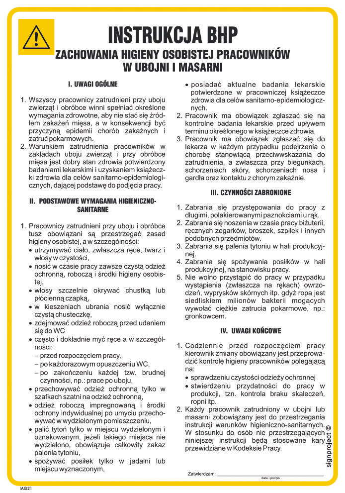 IAG21 INSTRUKCJA BHP ZACHOWANIA HIGIENY OSOBISTEJ PRACOWNIKÓW W UBOJNI I MASARNI, PN - PŁYTA PCV 1MM; (245X350MM)