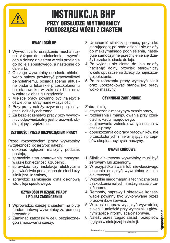 IAG48 INSTRUKCJA BHP PRZY OBSŁUDZE WYWROTNICY PODNOSZĄCEJ WÓZKI Z CIASTEM, FN - FOLIA SAMOPRZYLEPNA; (245X350MM)