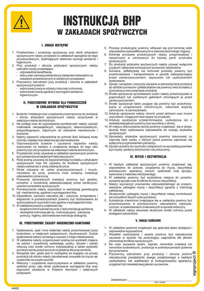 IAG22 INSTRUKCJA BHP W ZAKŁADACH SPOŻYWCZYCH, PN - PŁYTA PCV 1MM; (245X350MM)