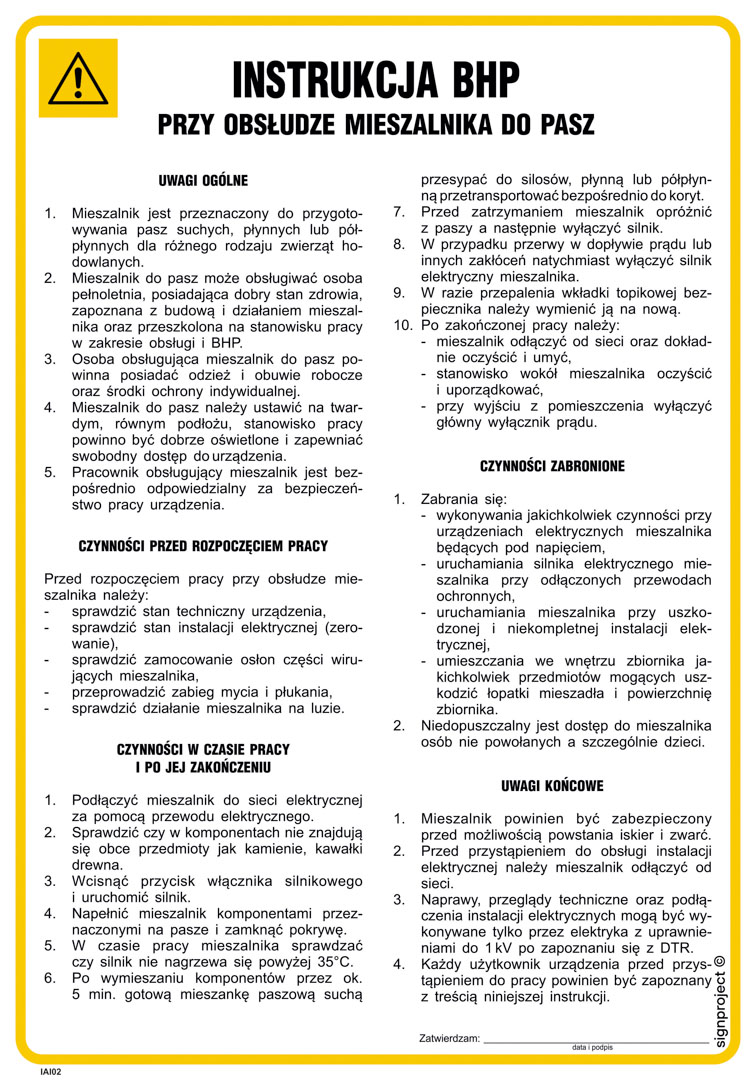 IAI02 INSTRUKCJA BHP PRZY OBSŁUDZE MIESZALNIKA DO PASZ, FN - FOLIA SAMOPRZYLEPNA; (245X350MM)