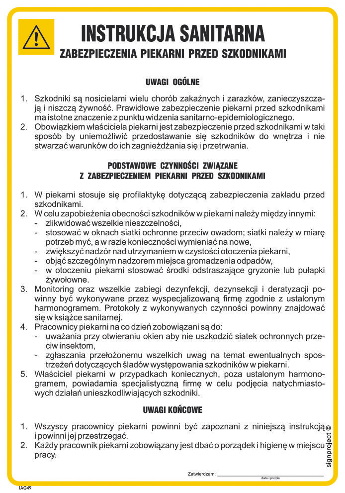 IAG49 INSTRUKCJA SANITARNA ZABEZPIECZENIA PIEKARNI PRZED SZKODNIKAMI, FN - FOLIA SAMOPRZYLEPNA; (245X350MM)
