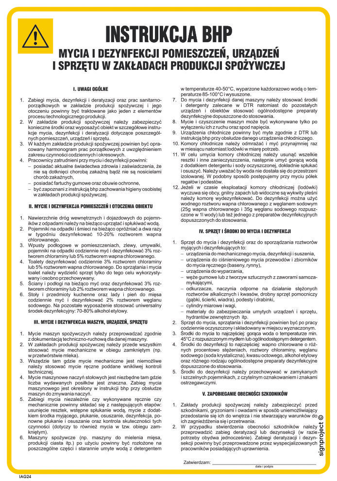 IAG24 OGÓLNA INSTRUKCJA BHP MYCIA I DEZYNFEKCJI POMIESZCZEŃ, URZĄDZEŃ I SPRZĘTU W ZAKŁADACH PRODUKCJI SPOŻ, FN - FOLIA SAMOPRZYLEPNA; (245X350MM)