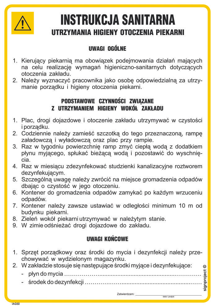 IAG50 INSTRUKCJA SANITARNA UTRZYMANIA HIGIENY OTOCZENIA PIEKARNI, FN - FOLIA SAMOPRZYLEPNA; (245X350MM)