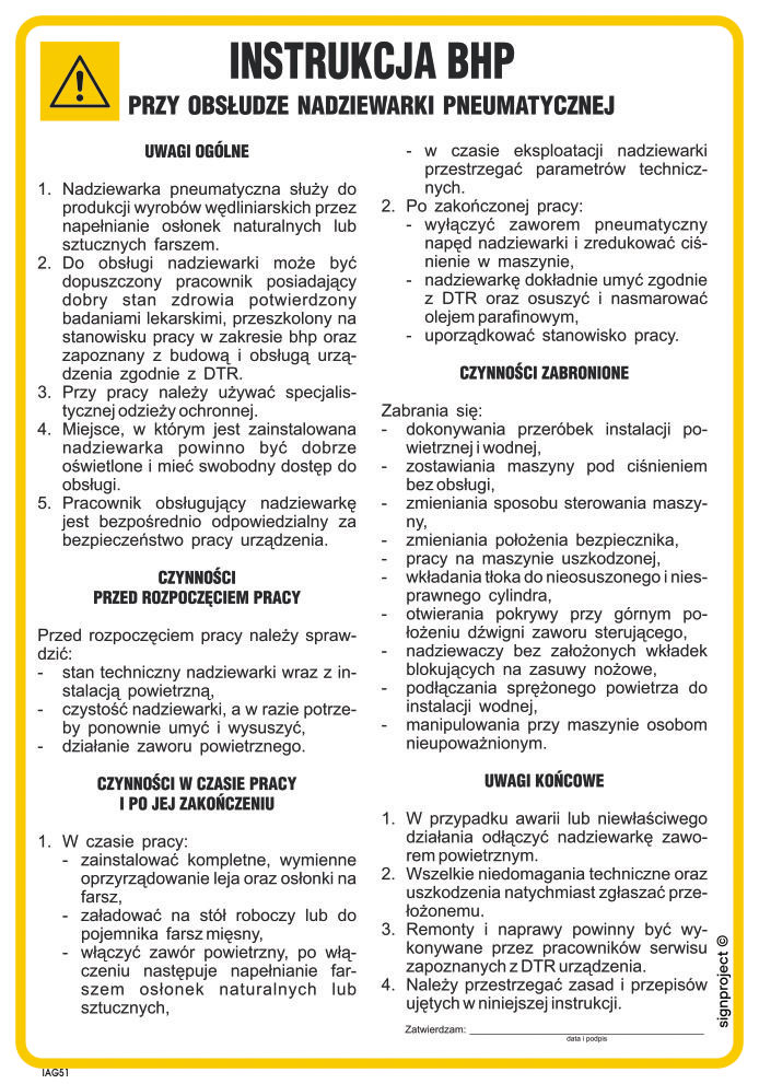 IAG51 INSTRUKCJA BHP PRZY OBSŁUDZE NADZIEWARKI PNEUMATYCZNEJ, FN - FOLIA SAMOPRZYLEPNA; (245X350MM)