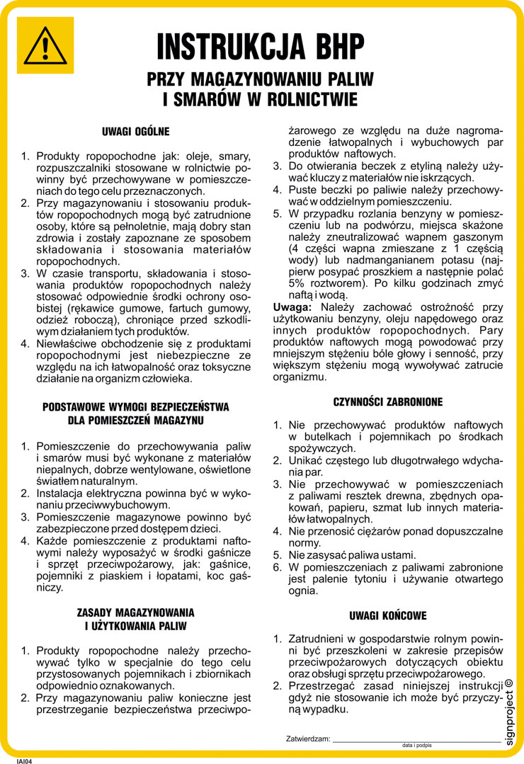 IAI04 INSTRUKCJA BHP PRZY MAGAZYNOWANIU PALIW I SMARÓW W ROLNICTWIE, PN - PŁYTA PCV 1MM; (245X350MM)