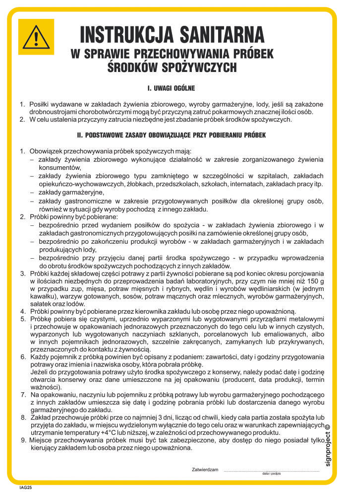 IAG25 INSTRUKCJA SANITARNA W SPRAWIE PRZECHOWYWANIA PRÓBEK ŚRODKÓW SPOŻYWCZYCH, PN - PŁYTA PCV 1MM; (245X350MM)