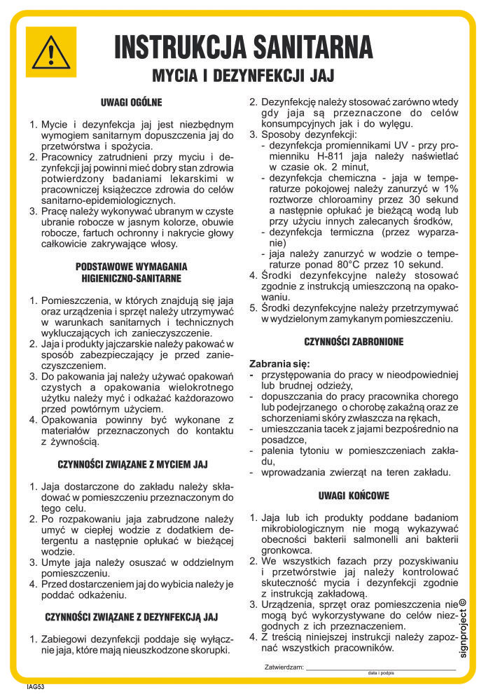 IAG53 INSTRUKCJA BHP MYCIA I DENZYNFEKCJI JAJ, HN - PŁYTA ELASTYCZNA 0,4MM; (245X350MM)