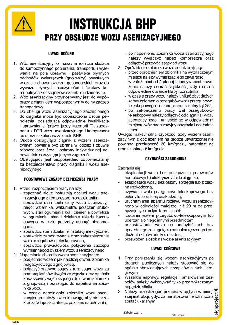 IAI06 INSTRUKCJA BHP PRZY OBSŁUDZE WOZU ASENIZACYJNEGO, FN - FOLIA SAMOPRZYLEPNA; (245X350MM)