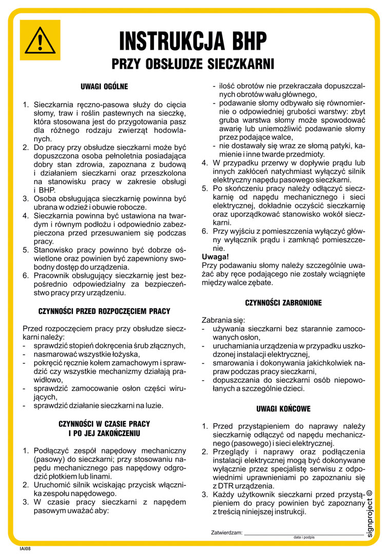 IAI08 INSTRUKCJA BHP PRZY OBSŁUDZE SIECZKARNI, FN - FOLIA SAMOPRZYLEPNA; (245X350MM)