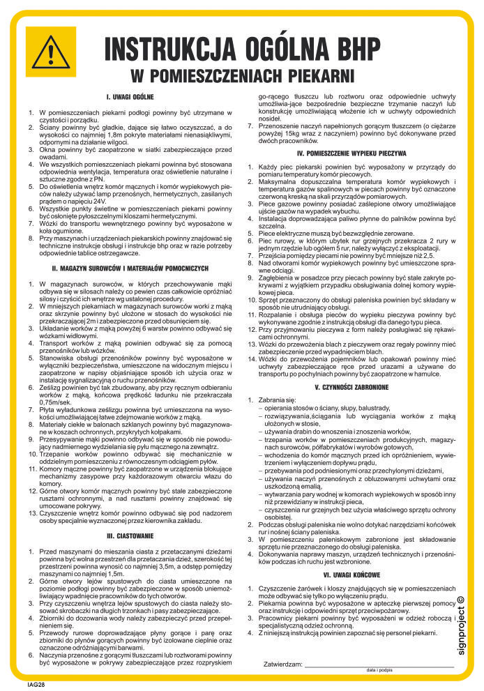 IAG28 INSTRUKCJA BHP W POMIESZCZENIACH PIEKARNI, PN - PŁYTA PCV 1MM; (245X350MM)