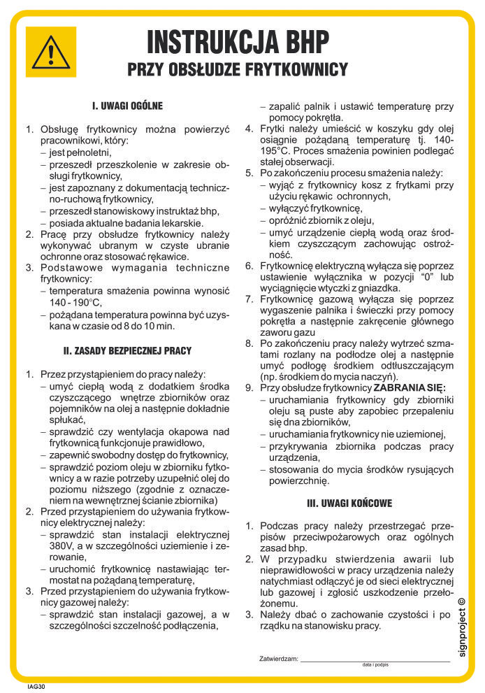 IAG30 INSTRUKCJA BHP PRZY OBSŁUDZE FRYTKOWNICY, FN - FOLIA SAMOPRZYLEPNA; (245X350MM)