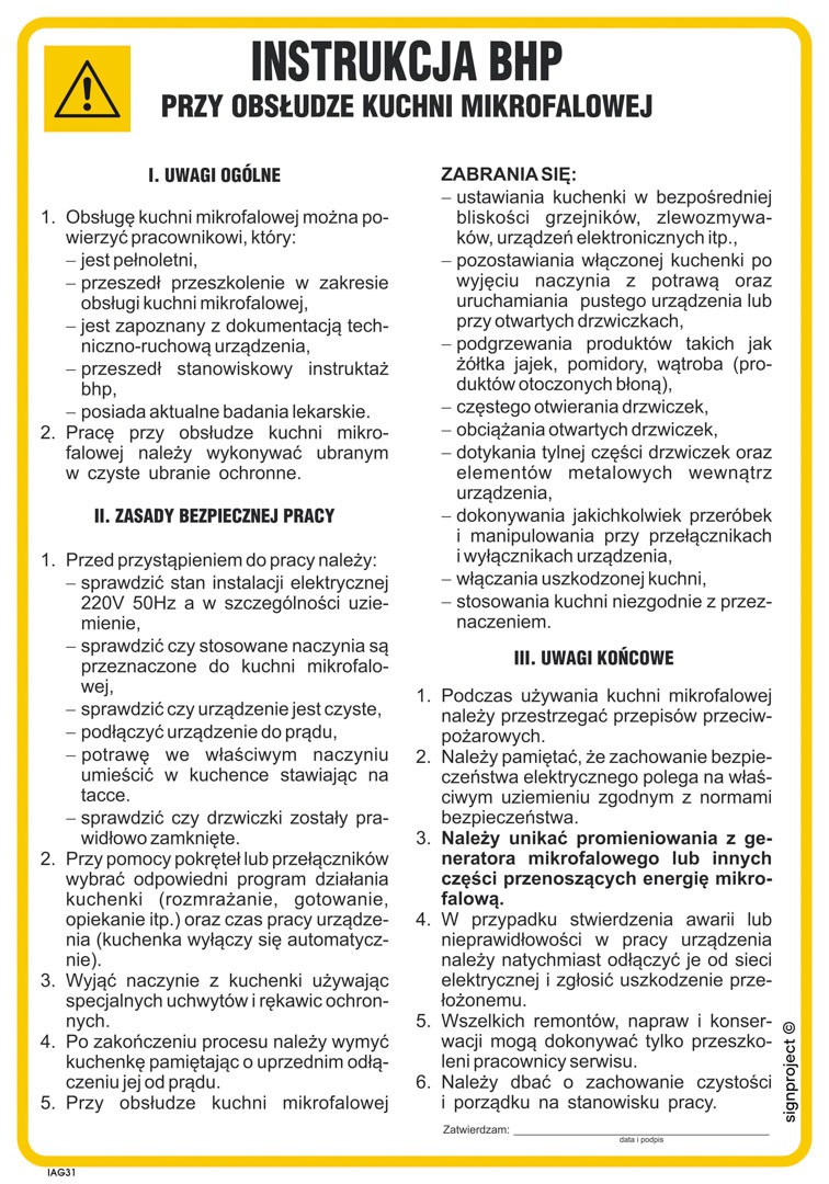IAG31 INSTRUKCJA BHP PRZY OBSŁUDZE KUCHNI MIKROFALOWEJ, FN - FOLIA SAMOPRZYLEPNA; (245X350MM)