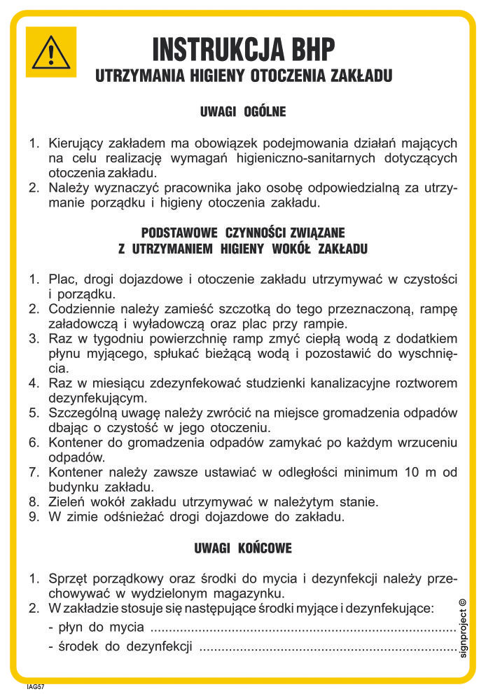 IAG57 INSTRUKCJA BHP UTRZYMANIA HIGIENY OTOCZENIA ZAKŁADU, FN - FOLIA SAMOPRZYLEPNA; (245X350MM)