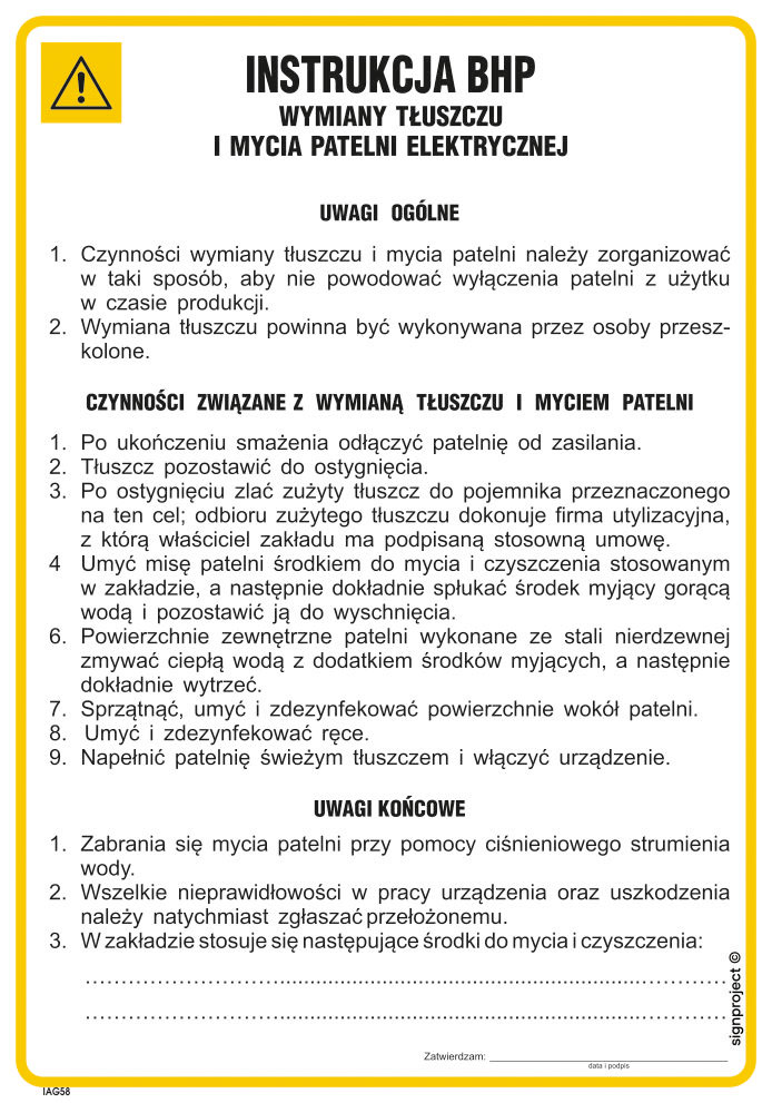 IAG58 INSTRUKCJA BHP WYMIANY TŁUSZCZU I MYCIA PATELNI ELEKTRYCZNEJ, FN - FOLIA SAMOPRZYLEPNA; (245X350MM)