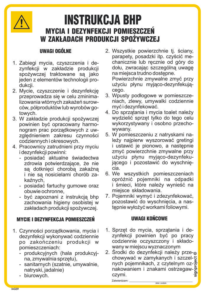IAG59 INSTRUKCJA BHP MYCIA I DEZYNFEKCJI POMIESZCZEŃ W ZAKŁADZIE PRODUKCJI SPOŻYWCZEJ, PN - PŁYTA PCV 1MM; (245X350MM)