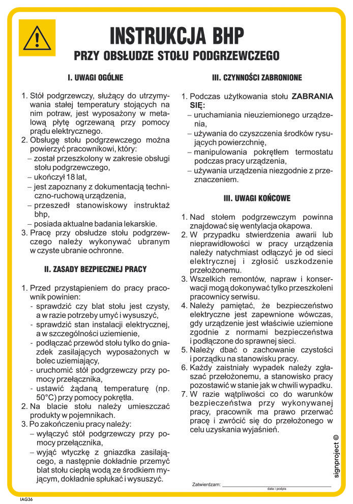 IAG36 INSTRUKCJA BHP PRZY OBSŁUDZE STOŁU PODGRZEWCZEGO, FN - FOLIA SAMOPRZYLEPNA; (245X350MM)