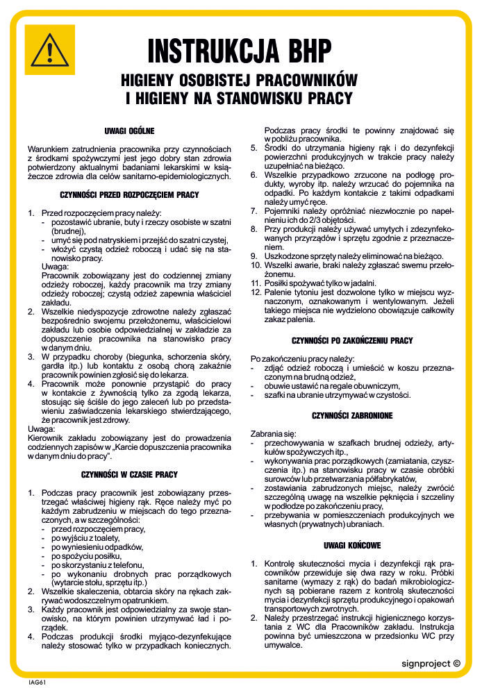 IAG61 INSTRUKCJA BHP HIGIENY OSOBISTEJ PRACOWNIKÓW I HIGIENY NA STANOWISKU PRACY, HN - PŁYTA ELASTYCZNA 0,4MM; (245X350MM)