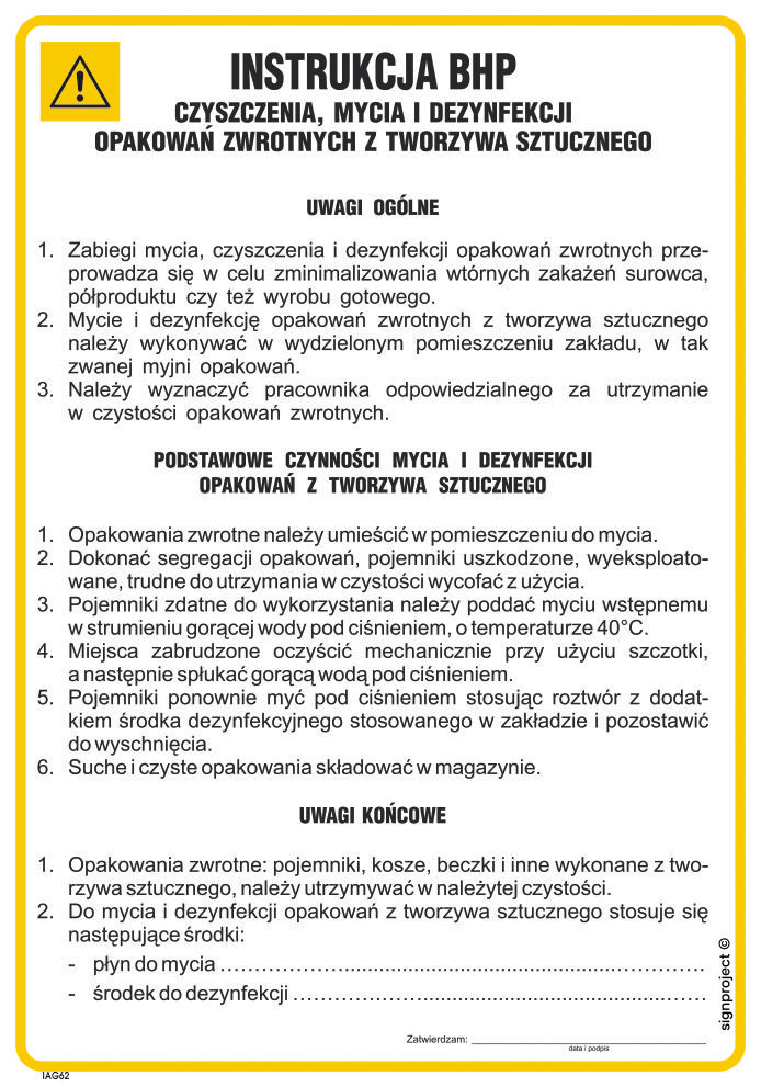 IAG62 INSTRUKCJA BHP CZYSZCZENIA MYCIA I DEZYNFEKCJI OPAKOWAŃ ZWROTNYCH Z TWORZYW SZTUCZNYCH, FN - FOLIA SAMOPRZYLEPNA; (245X350MM)