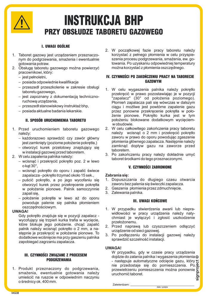 IAG38 INSTRUKCJA BHP PRZY OBSŁUDZE TABORETU GAZOWEGO, PN - PŁYTA PCV 1MM; (245X350MM)