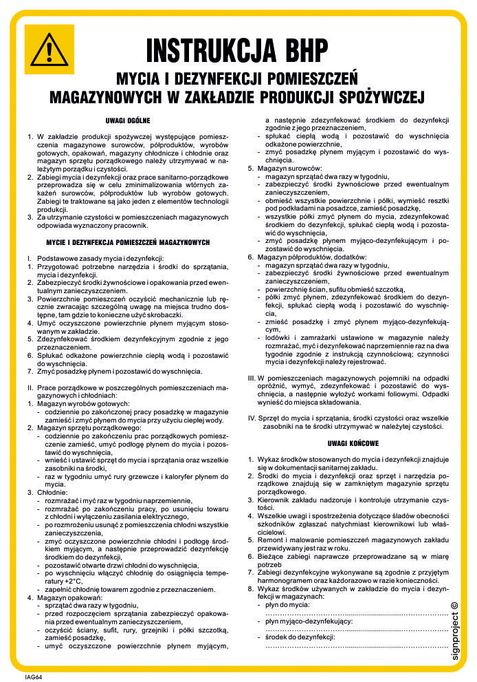 IAG63 INSTRUKCJA BHP MYCIA I DEZYNFEKCJI POMIESZCZEŃ MAGAZYNOWYCH W ZAKŁADADZIE PRODUKCJI SPOŻYWCZEJ, PN - PŁYTA PCV 1MM; (245X350MM)