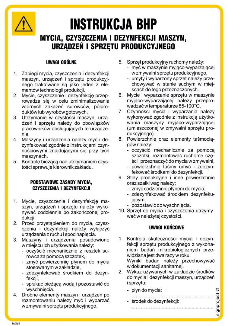 IAG64 INSTRUKCJA BHP MYCIA CZYSZCZENIA I DEZYNFEKCJI MASZYN, HN - PŁYTA ELASTYCZNA 0,4MM; (245X350MM)