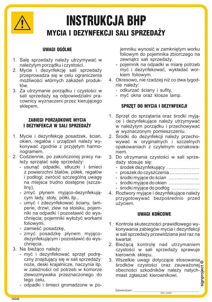 IAG65 INSTRUKCJA BHP MYCIA I DEZYNFEKCJI SALI SPRZEDAŻY, FN - FOLIA SAMOPRZYLEPNA; (245X350MM)