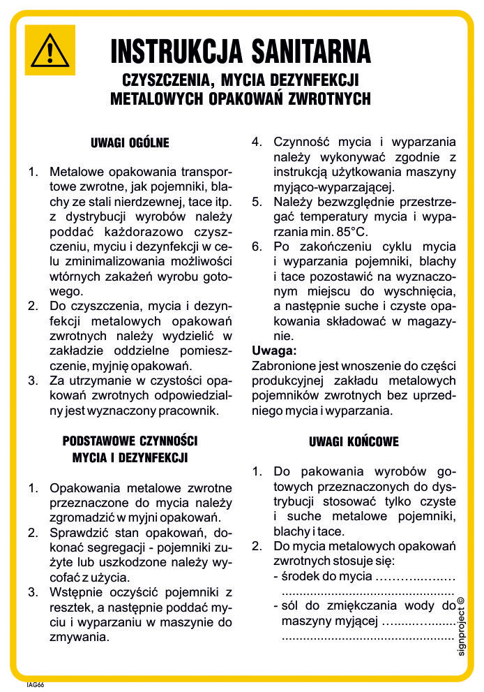 IAG66 INSTRUKCJA BHP CZYSZCZENIA MYCIA I DEZYNFEKCJI METALOWYCH OPAKOWAŃ ZWROTNYCH, PN - PŁYTA PCV 1MM; (245X350MM)