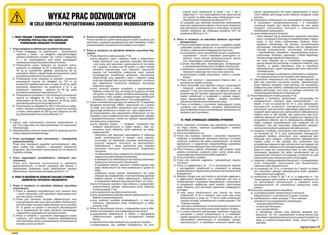 IAH04 WYKAZ PRAC DOZWOLONYCH W CELU ODBYCIA PRZYGOTOWANIA ZAWODOWEGO MŁODOCIANYCH, HN - PŁYTA ELASTYCZNA 0,4MM; (490X350MM)