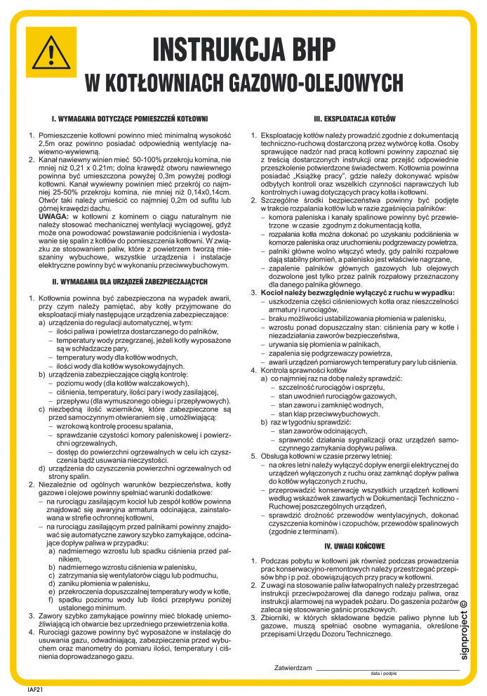 IAF21 INSTRUKCJA BHP W KOTŁOWNIACH OLEJOWO-GAZOWYCH, HN - PŁYTA ELASTYCZNA 0,4MM; (245X350MM)