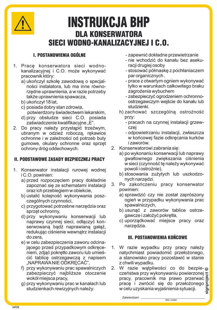 IAF22 INSTRUKCJA BHP DLA KONSERWATORA SIECI WODNO-KANALIZACYJNEJ I C.O., PN - PŁYTA PCV 1MM; (245X350MM)