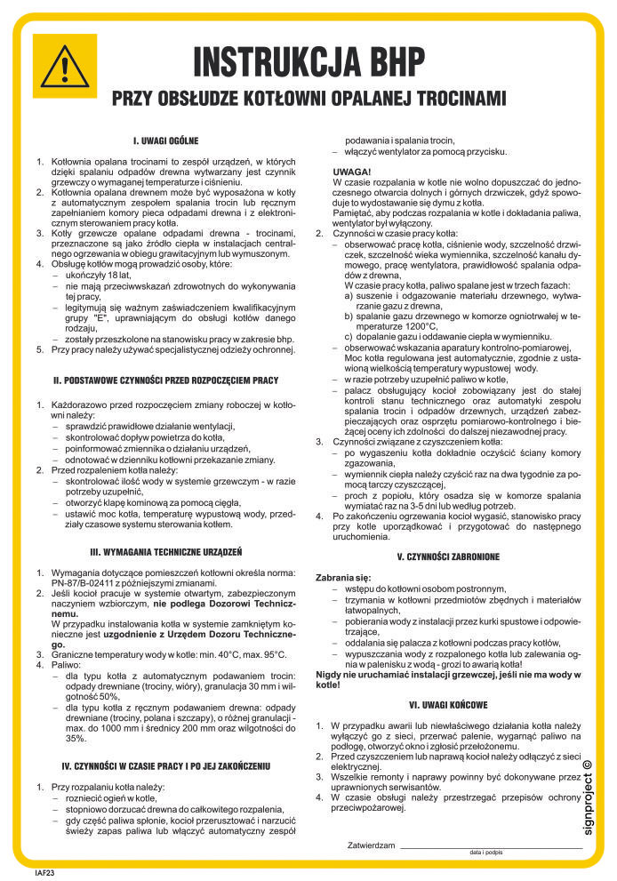 IAF23 INSTRUKCJA BHP PRZY OBSŁUDZE KOTŁOWNI OPALANEJ TROCINAMI, HN - PŁYTA ELASTYCZNA 0,4MM; (245X350MM)
