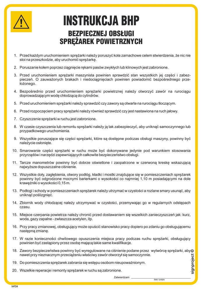 IAF24 INSTRUKCJA W SPRAWIE BEZPIECZEŃSTWA PRACY PRZY SPRĘŻARKACH POWIETRZNYCH, HN - PŁYTA ELASTYCZNA 0,4MM; (245X350MM)