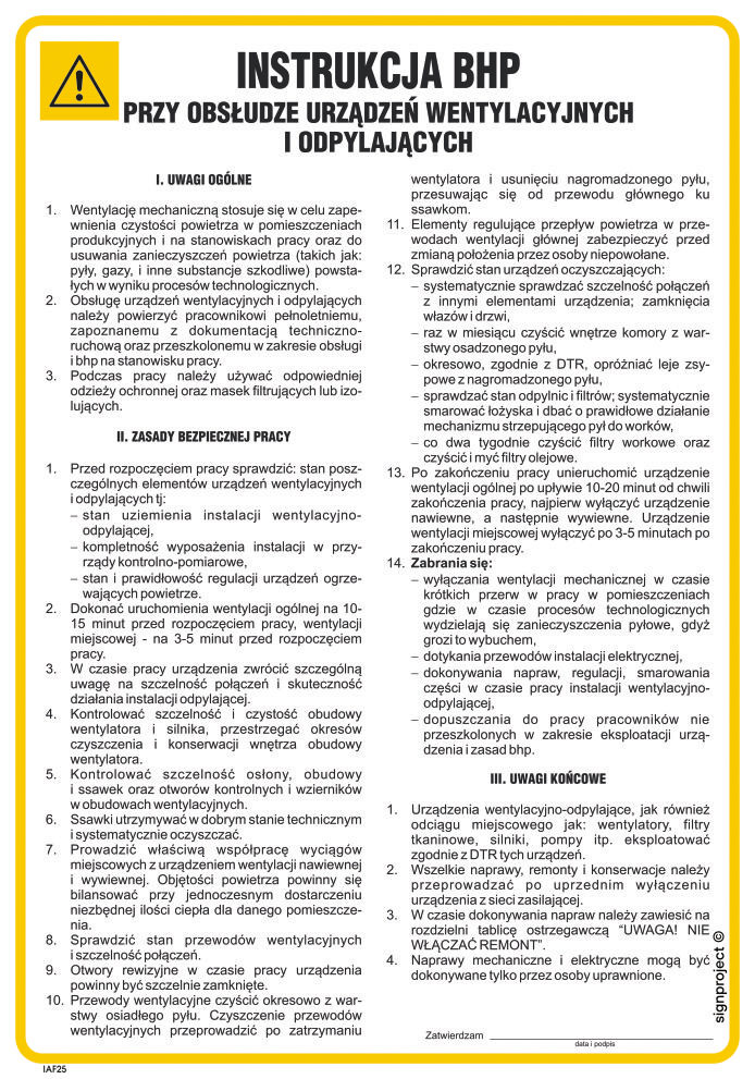 IAF25 INSTRUKCJA BHP PRZY OBSŁUDZE URZĄDZEŃ WENTYLACYJNYCH I ODPYLAJĄCYCH, PN - PŁYTA PCV 1MM; (245X350MM)
