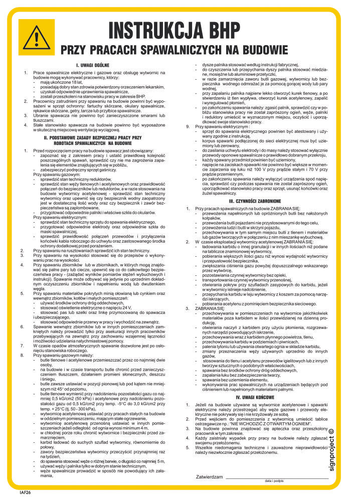 IAF26 INSTRUKCJA BHP PRZY PRACACH SPAWALNICZYCH NA BUDOWIE, HN - PŁYTA ELASTYCZNA 0,4MM; (245X350MM)