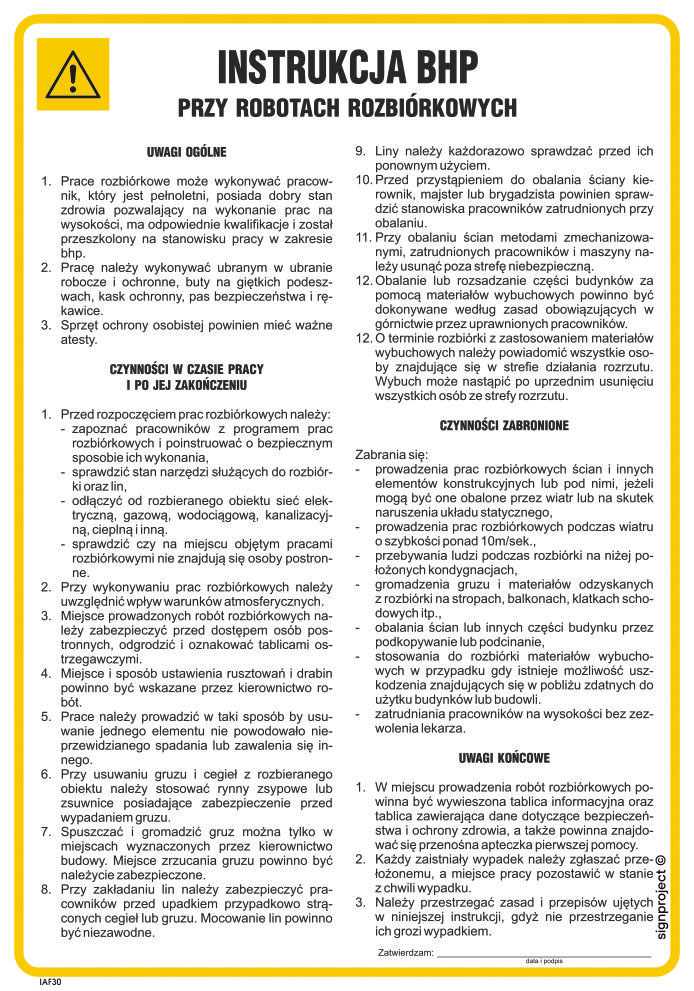 IAF30 INSTRUKCJA BHP PRZY ROBOTACH ROZBIÓRKOWYCH, FN - FOLIA SAMOPRZYLEPNA; (245X350MM)
