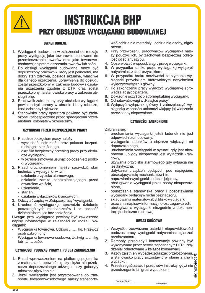IAF32 INSTRUKCJA BHP PRZY OBSŁUDZE WYCIĄGARKI BUDOWLANEJ, HN - PŁYTA ELASTYCZNA 0,4MM; (245X350MM)