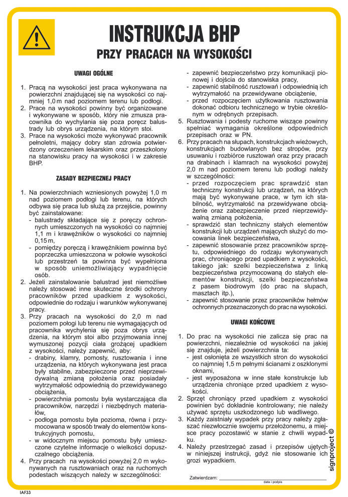IAF33 INSTRUKCJA BHP PRZY PRACACH NA WYSOKOŚCI, PN - PŁYTA PCV 1MM; (245X350MM)