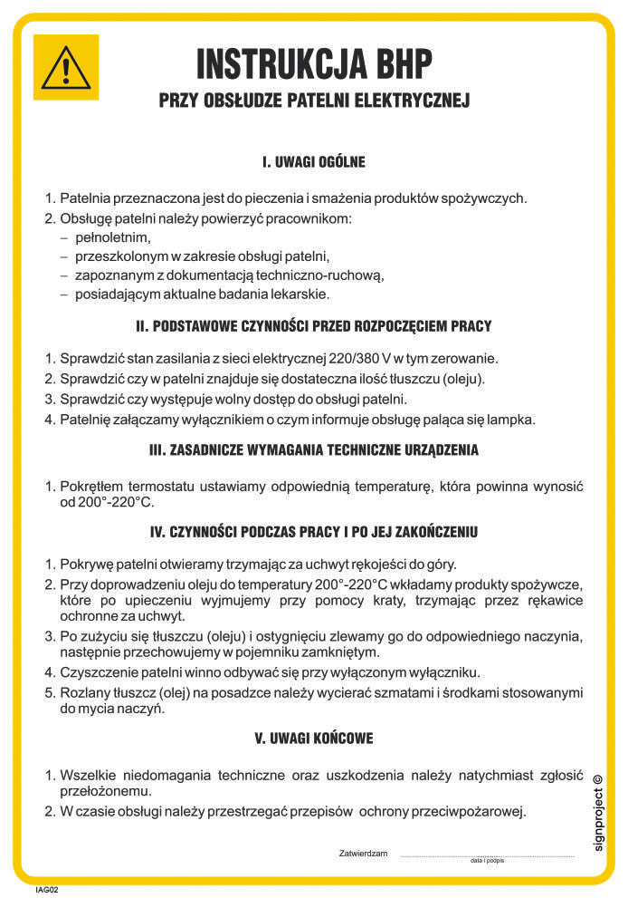 IAG02 INSTRUKCJA BHP PRZY OBSŁUDZE PATELNI ELEKTRYCZNEJ, FN - FOLIA SAMOPRZYLEPNA; (245X350MM)
