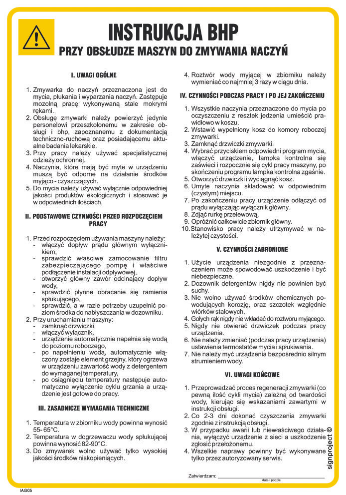 IAG05 INSTRUKCJA BHP PRZY OBSŁUDZE MASZYN DO ZMYWANIA NACZYŃ, PN - PŁYTA PCV 1MM; (245X350MM)