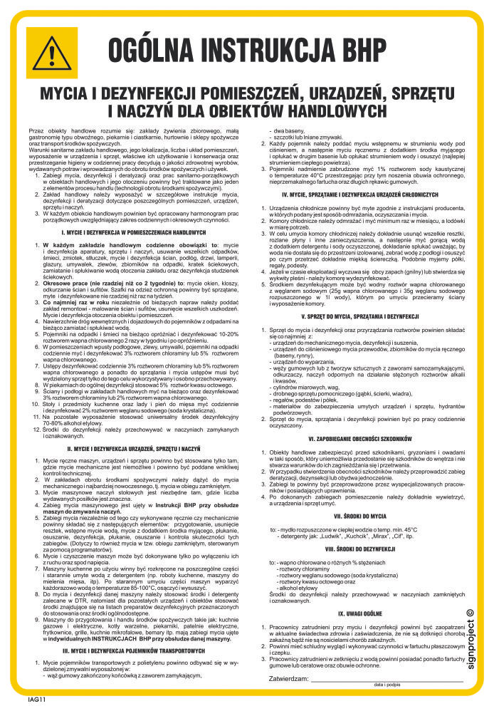 IAG11 OGÓLNA INSTRUKCJA BHP MYCIA I DENZYNFEKCJI POMIESZCZEŃ, URZĄDZEŃ, SPRZĘTU I NACZYŃ DLA OBIEKTÓW HANDLOWYCH, HN - PŁYTA ELASTYCZNA 0,4MM; (245X350MM)