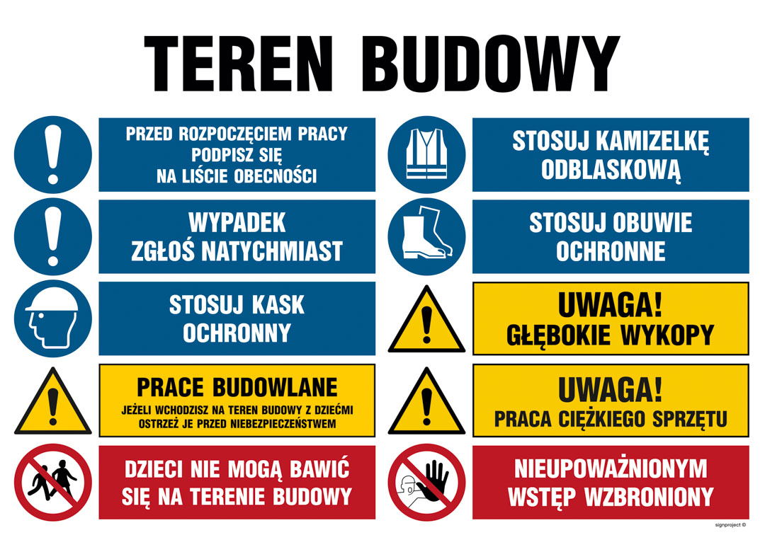 OI017 TEREN BUDOWY, PRZED ROZPOCZĘCIEM PRACY PODPISZ SIĘ NA LIŚCIE OBECNOŚCI, STOSUJ KAMIZELKĘ ODBLASKOWĄ, ON - BLACHA OCYNK; (1050X700MM)