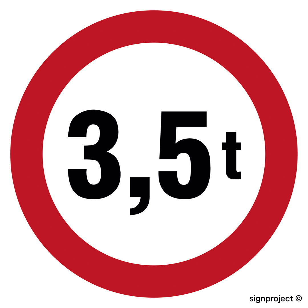 SA052 ZNAK DROGOWY B-18. ZAKAZ WJAZDU POJAZDÓW O RZECZYWISTEJ MASIE CAŁKOWITEJ PONAD 3,5 TON, PN - PŁYTA PCV 1MM; (600X600MM)