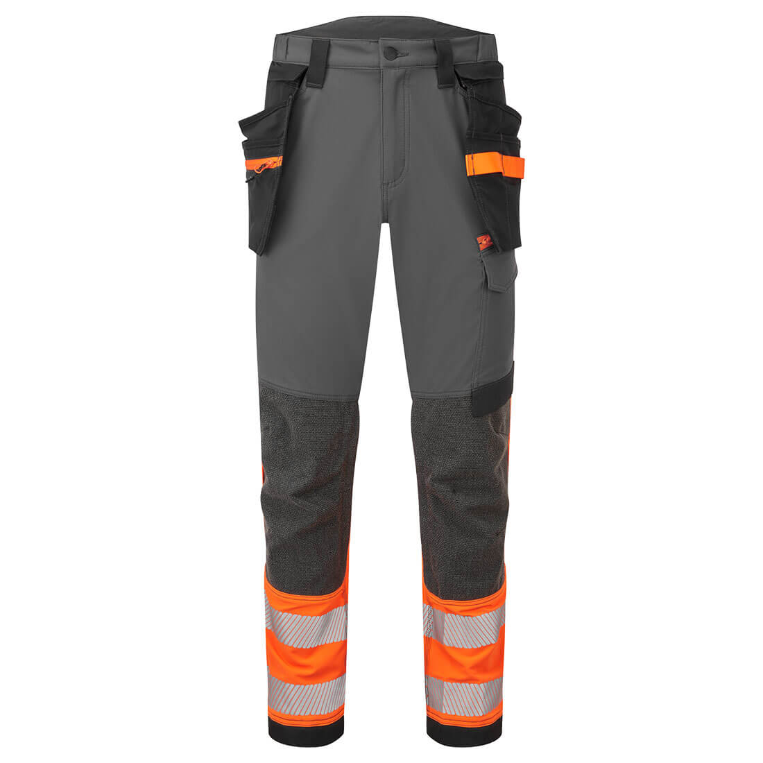 PORTWEST EV442 SPODNIE OSTRZEGAWCZE KLASY 1 DX4 Z KABURAMI; POMARAŃCZOWY/SZARY METALICZNY