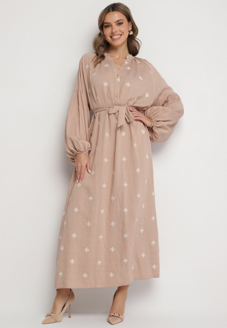 Beżowa Wiskozowa Sukienka o Kroju Oversize z Ozdobnym Haftem Naleniel